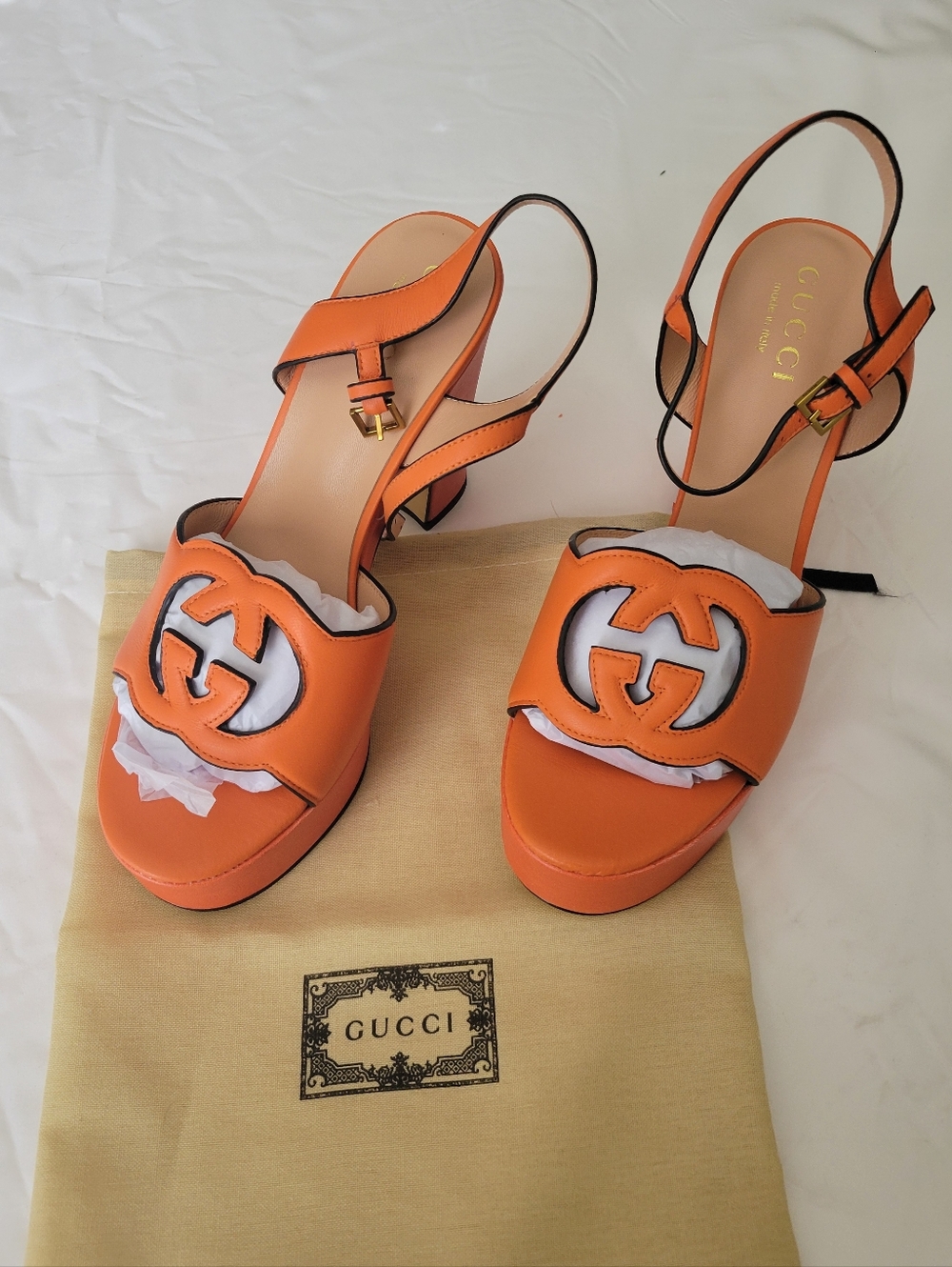 Gucci Orange Leather GG Cutout Slingback Platforms
